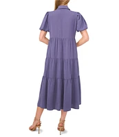 CeCe Gauze Point Collar Short Puff Sleeve Button Front Tiered Midi Shirt Dress