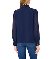 CeCe Georgette Floral 3D Applique Pointed Collar Long Sleeve Hidden Button Front Blouse