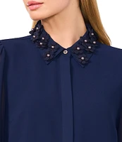 CeCe Georgette Floral 3D Applique Pointed Collar Long Sleeve Hidden Button Front Blouse