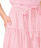 CeCe Gingham A-Line Tiered Belted Midi Skirt