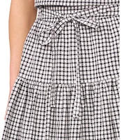 CeCe Gingham A-Line Tiered Belted Midi Skirt