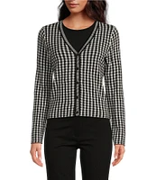 CeCe Gingham Jacquard V-Neck Long Sleeve Button Front Coordinating Cardigan