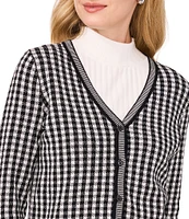 CeCe Gingham Jacquard V-Neck Long Sleeve Button Front Coordinating Cardigan