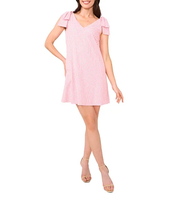 CeCe Gingham Print V-Neck Sleeveless Bow Mini Shift Dress