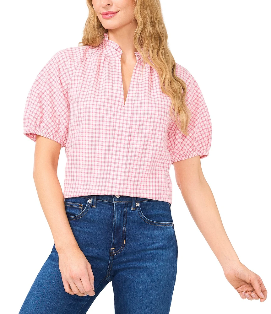 CeCe Gingham Split Round Neckline Short Puff Sleeve Blouse