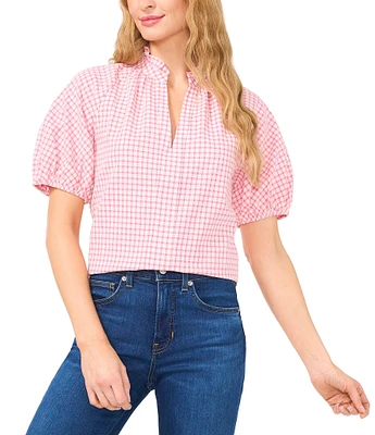 CeCe Gingham Split Round Neckline Short Puff Sleeve Blouse