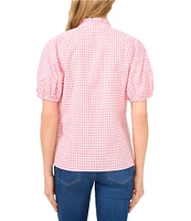 CeCe Gingham Split Round Neckline Short Puff Sleeve Blouse