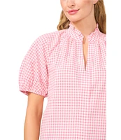 CeCe Gingham Split Round Neckline Short Puff Sleeve Blouse