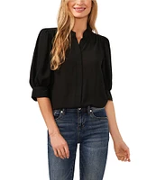 CeCe Heavy Georgette Mandarin Collar Elbow Sleeve Button Front Shirt