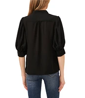 CeCe Heavy Georgette Mandarin Collar Elbow Sleeve Button Front Shirt