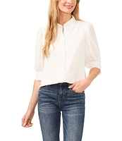 CeCe Heavy Georgette Mandarin Collar Elbow Sleeve Button Front Shirt