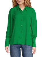 CeCe Heavy Georgette Point Collar Long Sleeve Pearl Button Front Shirt