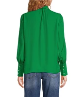 CeCe Heavy Georgette Point Collar Long Sleeve Pearl Button Front Shirt