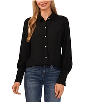 CeCe Heavy Georgette Point Collar Long Sleeve Pearl Button Front Shirt