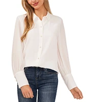 CeCe Heavy Georgette Point Collar Long Sleeve Pearl Button Front Shirt