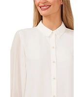 CeCe Heavy Georgette Point Collar Long Sleeve Pearl Button Front Shirt