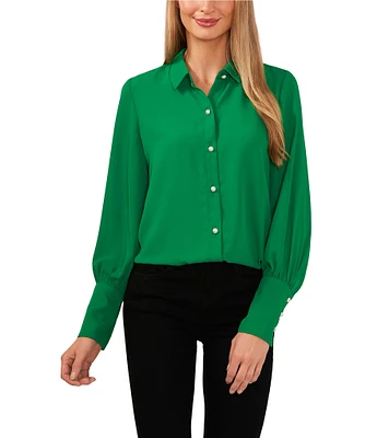 CeCe Heavy Georgette Point Collar Long Sleeve Pearl Button Front Shirt