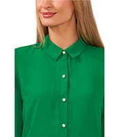 CeCe Heavy Georgette Point Collar Long Sleeve Pearl Button Front Shirt