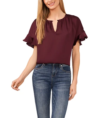 CeCe Keyhole Buttoned V-Neck Short Ruffle Sleeve Blouse