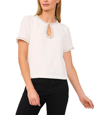 CeCe Keyhole Neck Short Sleeve Beaded Trim Blouse