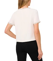 CeCe Keyhole Neck Short Sleeve Beaded Trim Blouse