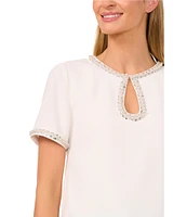 CeCe Keyhole Neck Short Sleeve Beaded Trim Blouse