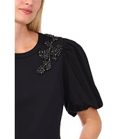 CeCe Knit Crepe Floral Stone Embellishment Crew Neck Short Puff Sleeve Blouse