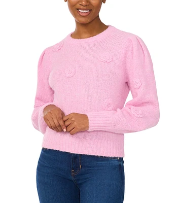 CeCe Knit Crew Neck Long Sleeve 3D Flower Sweater