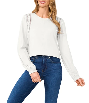 CeCe Knit Crew Neck Long Sleeve Lace Inset Top