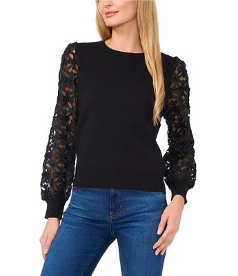 CeCe Knit Crew Neck Sheer Lace Long Sleeve Pullover Sweater