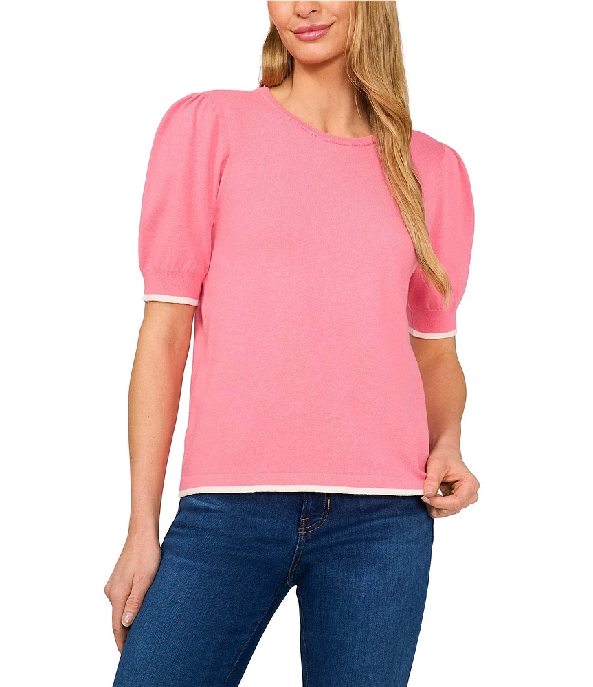 CeCe Knit Crew Neck Short Sleeve Contrast Piping Sweater