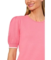 CeCe Knit Crew Neck Short Sleeve Contrast Piping Sweater