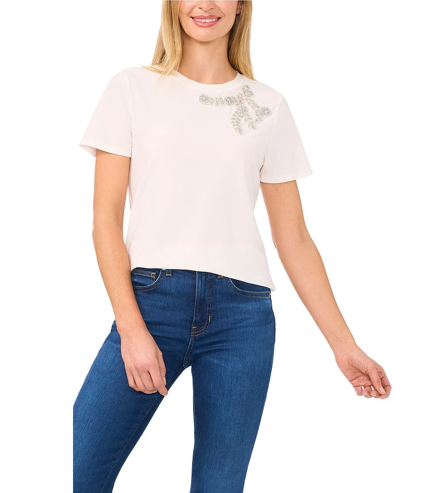CeCe Knit Crew Neck Short Sleeve Embellished Tee