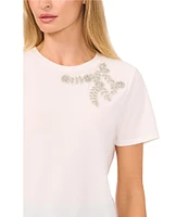 CeCe Knit Crew Neck Short Sleeve Embellished Tee