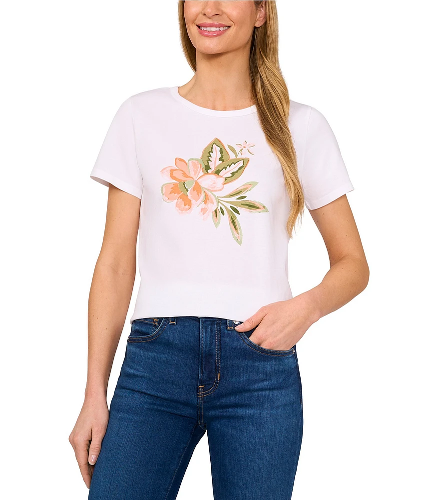 CeCe Knit Crew Neck Short Sleeve Floral Graphic Tee