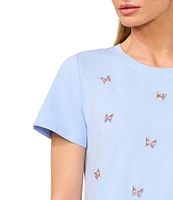 CeCe Knit Crew Neck Short Sleeve Gem Detailed Tee