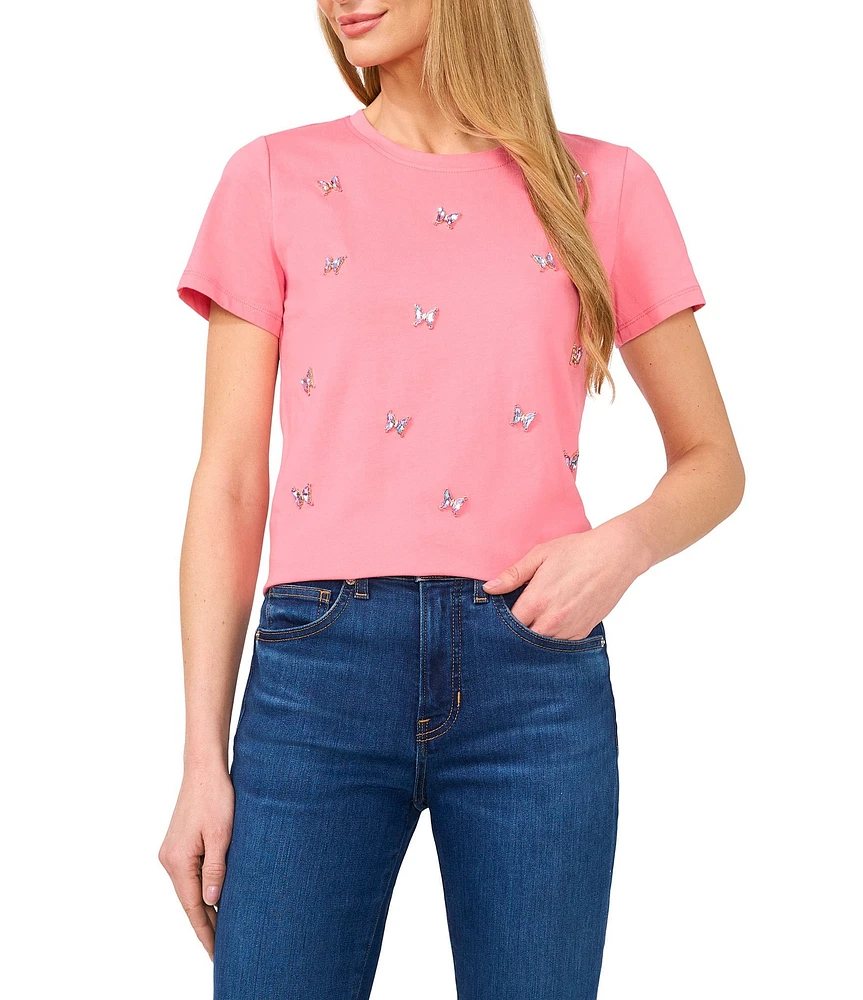 CeCe Knit Crew Neck Short Sleeve Gem Detailed Tee