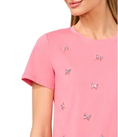 CeCe Knit Crew Neck Short Sleeve Gem Detailed Tee
