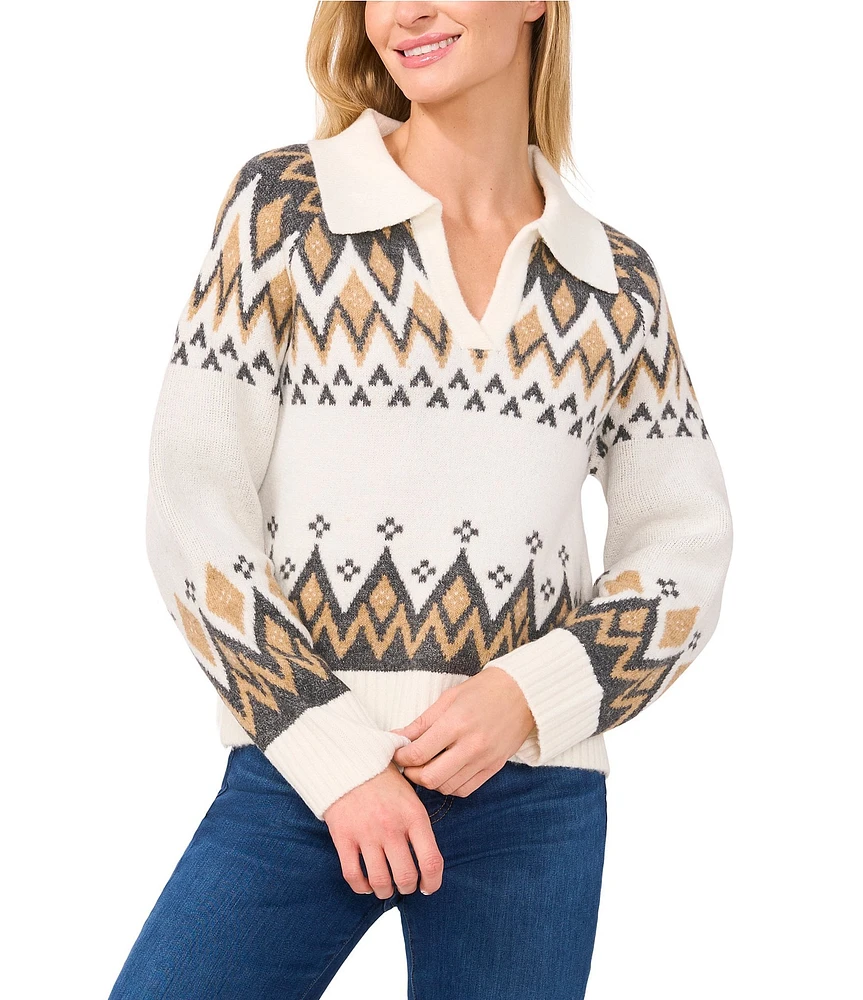 CeCe Knit Fair Isle Collared V-Neck Long Sleeve Sweater