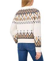 CeCe Knit Fair Isle Collared V-Neck Long Sleeve Sweater