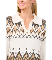 CeCe Knit Fair Isle Collared V-Neck Long Sleeve Sweater