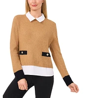 CeCe Knit Jersey Twofer Point Collar Long Sleeve Sweater Blouse