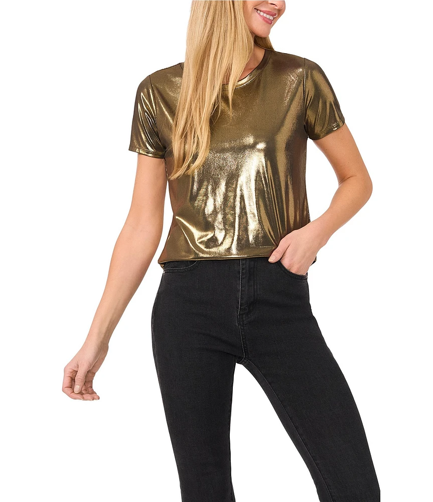 CeCe Knit Metallic Crew Neck Short Sleeve Tee