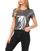 CeCe Knit Metallic Crew Neck Short Sleeve Tee