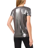 CeCe Knit Metallic Crew Neck Short Sleeve Tee