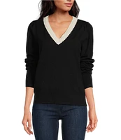 CeCe Knit Milano Contrast Trim Deep V-Neck Long Sleeve Welt Front Pullover Sweater