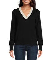 CeCe Knit Milano Contrast Trim Deep V-Neck Long Sleeve Welt Front Pullover Sweater