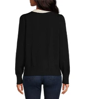 CeCe Knit Milano Contrast Trim Deep V-Neck Long Sleeve Welt Front Pullover Sweater