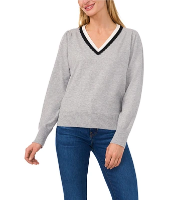 CeCe Knit Milano Contrast Trim Deep V Neck Long Sleeve Welt Front Pullover Sweater