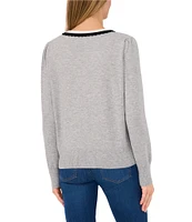 CeCe Knit Milano Contrast Trim Deep V-Neck Long Sleeve Welt Front Pullover Sweater